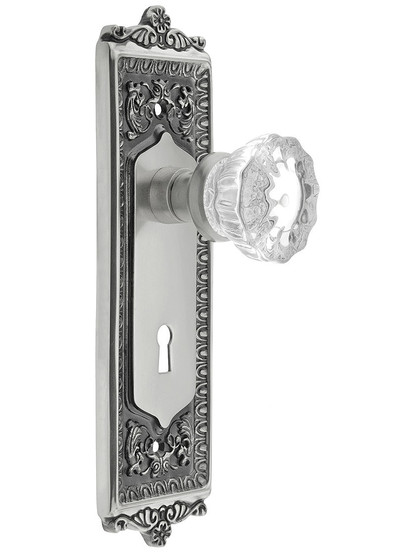 Egg and Dart Style Mortise Lock Set with Fluted Crystal Door Knobs in Antique Pewter.